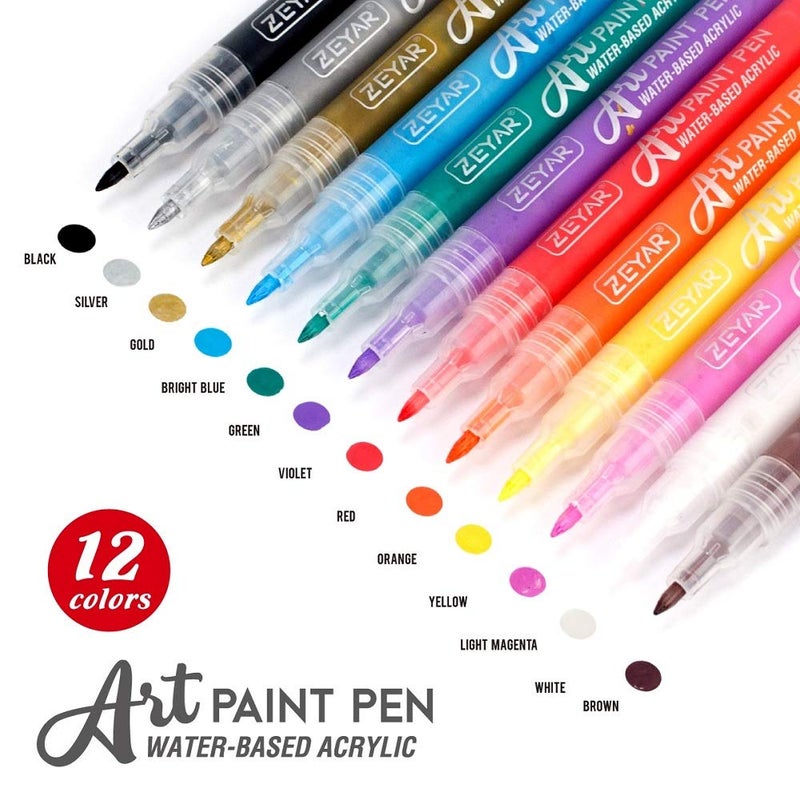 ZEYAR Acrylic Paint Pens, Extra Fine Point, AP Certified, 12 Colors, Water Based, Permanent & Waterproof Ink, Works on Rock, Wood, Glass, Metal, Ceramic and Non porous Surfaces (12 Colors) - Image 2